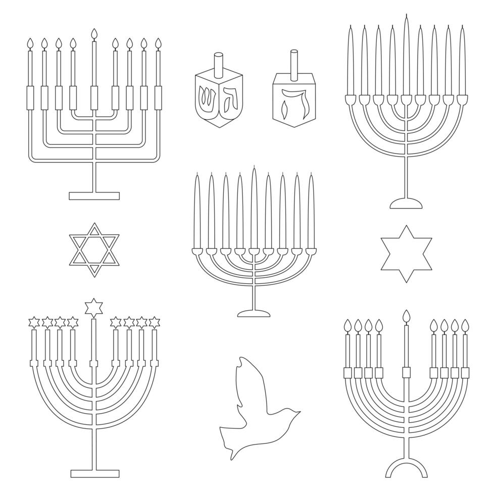 schwarzer Umriss Hanukkah Menorah und Dreidel digitale Briefmarken vektor