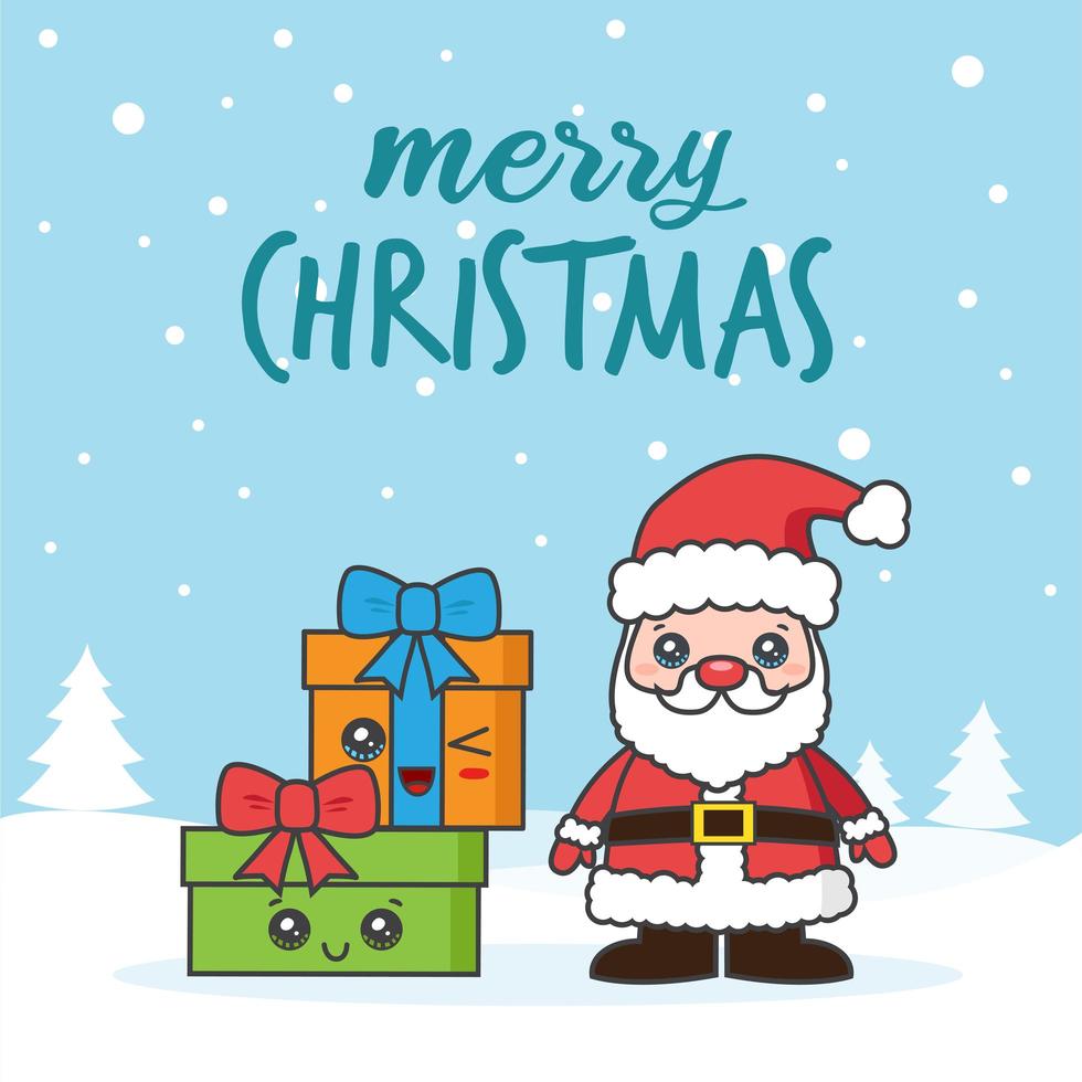 Weihnachtskarte mit Weihnachtsmann und Geschenken im Schnee vektor