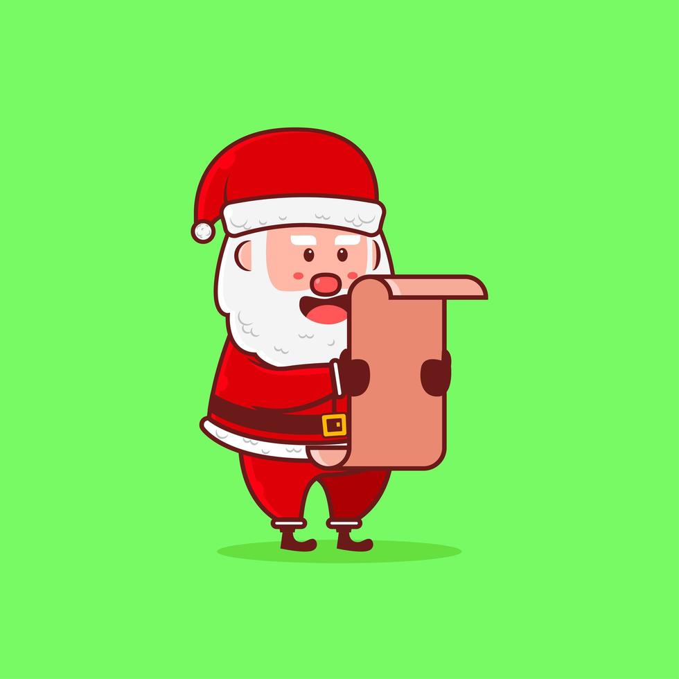 söt jultomten har en lista med gåvor vektor