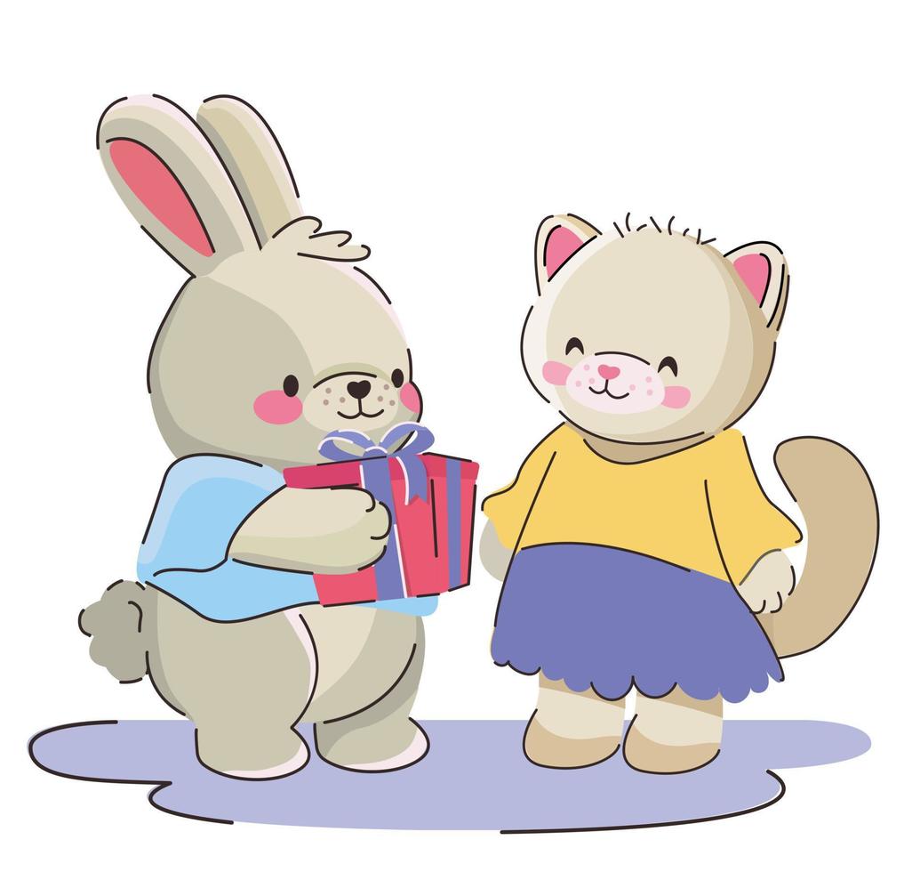 söt par av tecknad serie katt och kanin ger en gåva på en kort för en hjärtans dag hälsning eller bara en födelsedag. vertikal mall för utskrift vektor