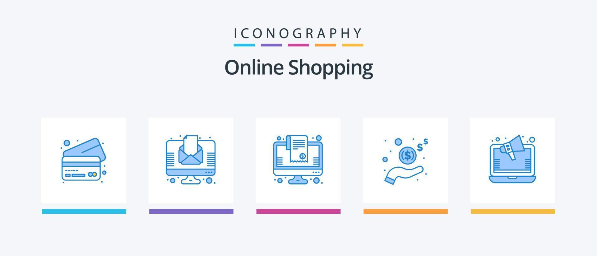 Online-Shopping Blue 5 Icon Pack inklusive Marketing. Kasse. Wagen. Geld. Hand. kreatives Symboldesign vektor