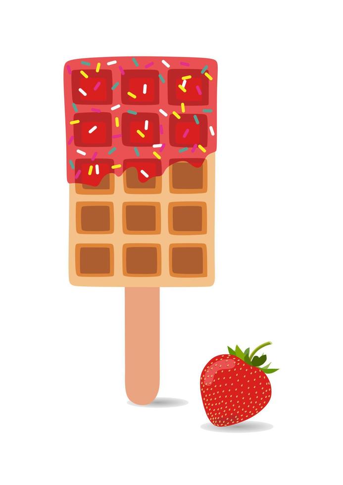 süße Speisen und Desserts, Vektorillustration von goldbraunem, hausgemachtem Corndog oder Hot-Dog-Waffeln auf einem Stock in verschiedenen Geschmacksrichtungen und roter Schokolade mit ganzen Erdbeeren. vektor