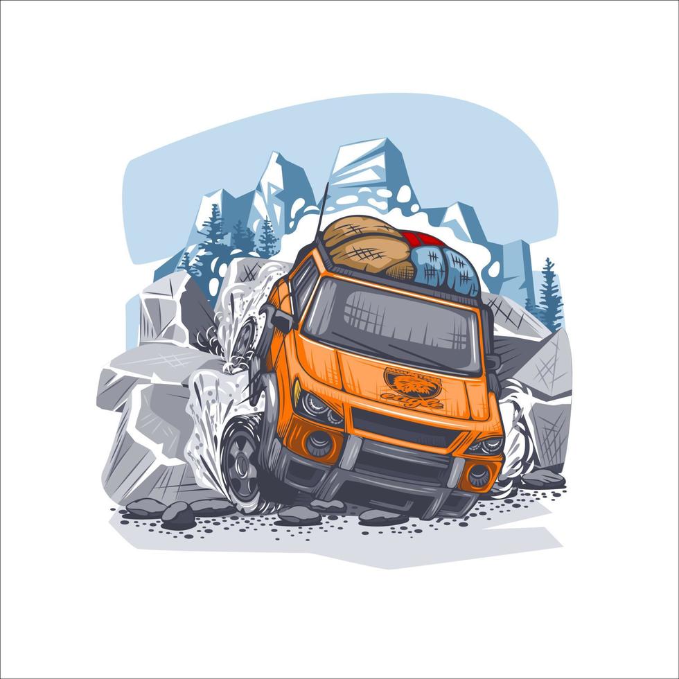 orange sUV övervinner svår hinder i de bergen med bagage på de tak. kan vara tryckt på t-shirts. vektor