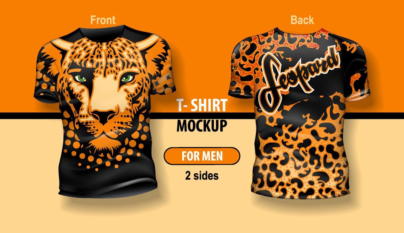 t-shirt för man främre och tillbaka med leopard huvud och hud bild. mock-up för dubbelsidigt utskrift, skiktad och redigerbar. vektor