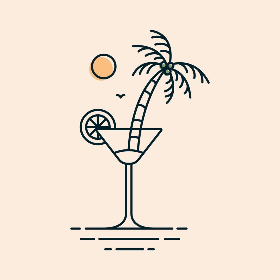 ein glas mocktail an einem sommerstrand mit kokosnussbaum-monoline-illustration für bekleidung vektor