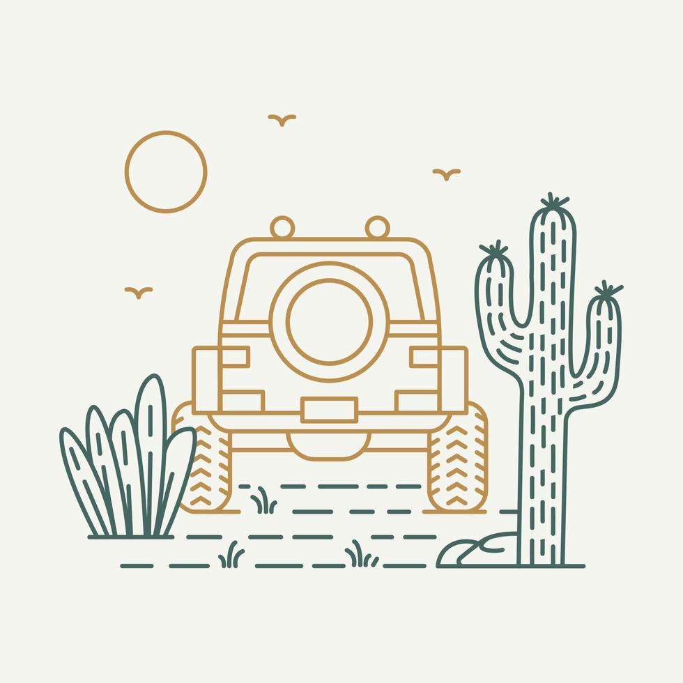 4x4 Offroad-Abenteuer im Wüstenkaktus saftige Monoline-Illustration für Bekleidung vektor