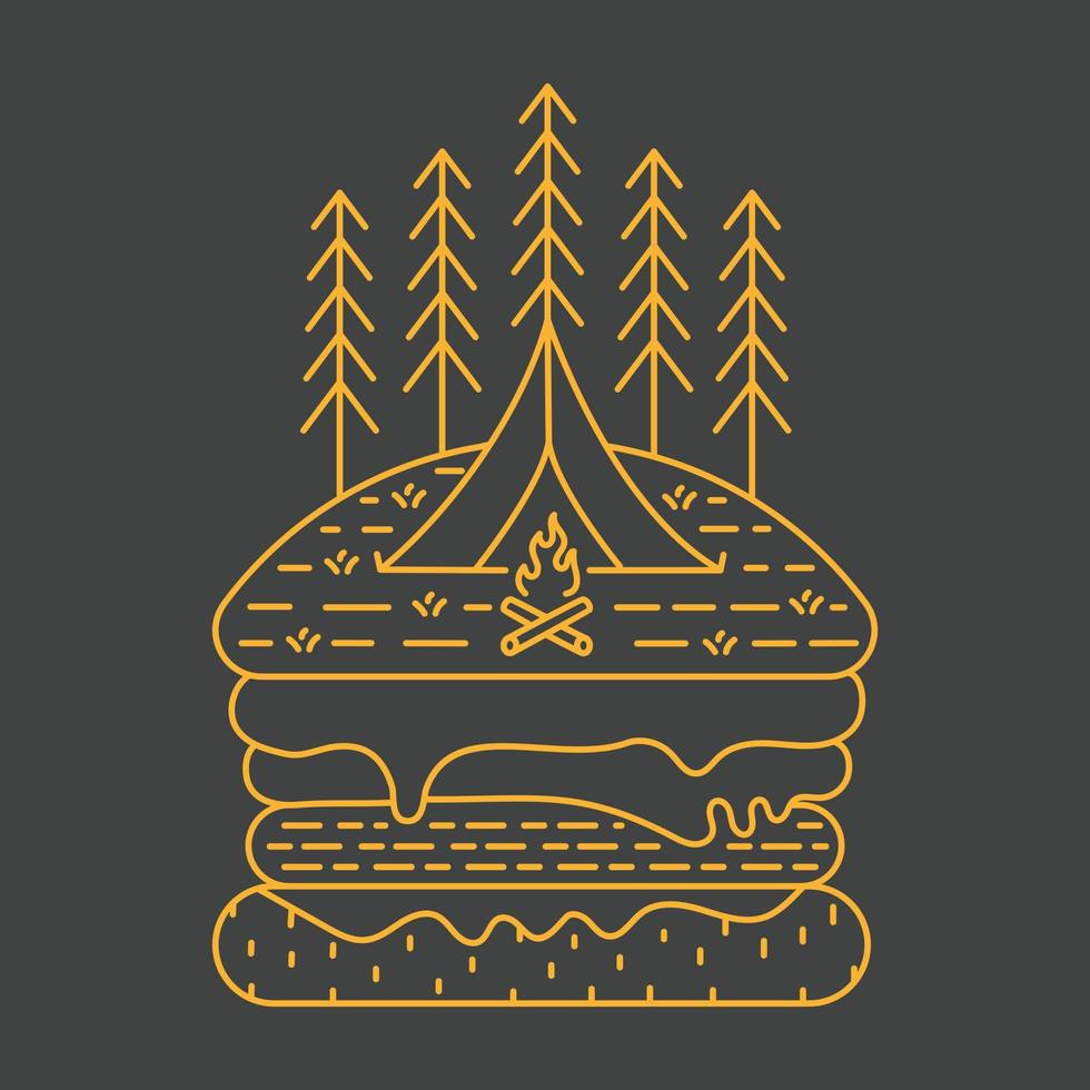 campen im dschungel mit lagerfeuer und burger monoline illustration für bekleidung vektor
