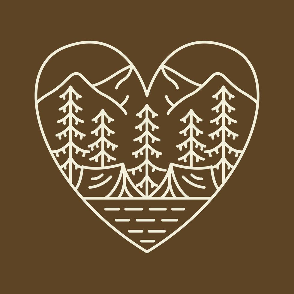 tält camping i de skog berg bakgrund hjärta bricka ram monoline illustration för kläder vektor