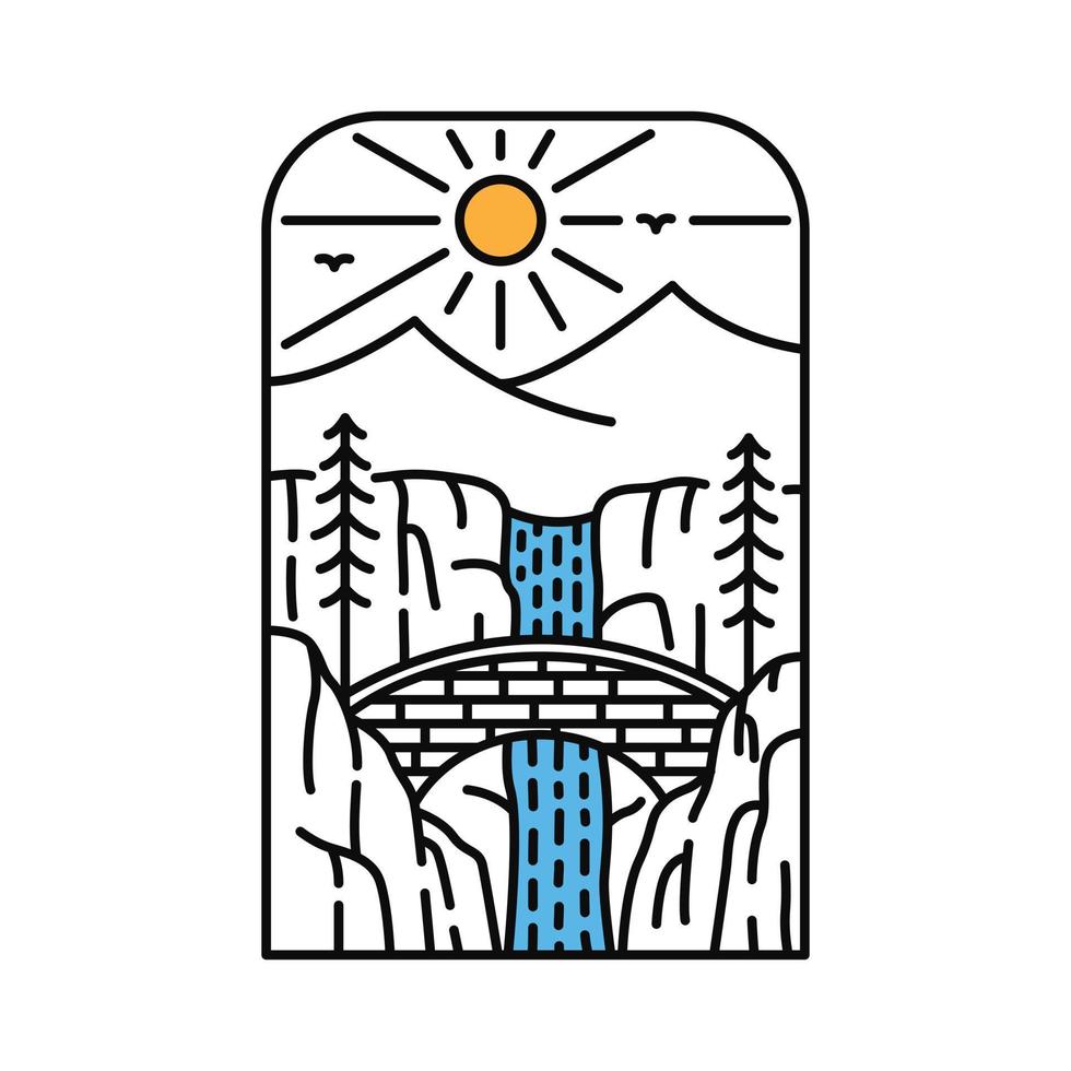 wasserfall im wilden wald unter dem sonnenschein monoline illustration für bekleidung vektor