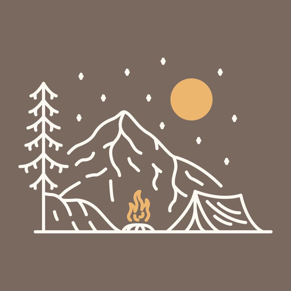 glücklicher camper mit lagerfeuergebirgshintergrund gekritzelillustration monolineillustration für bekleidung vektor