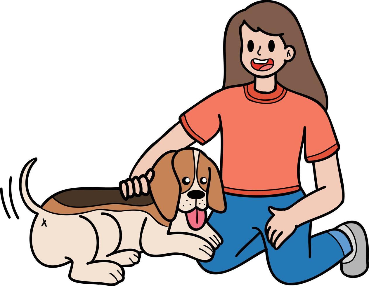 handgezeichneter beagle-hund, der von der besitzerillustration im gekritzelstil umarmt wird vektor