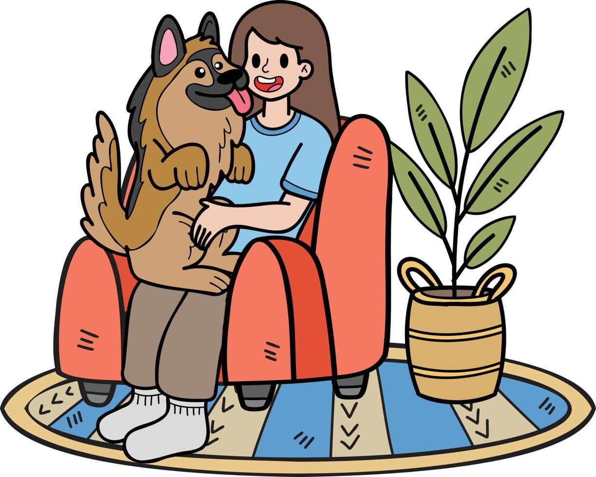 handgezeichneter deutscher schäferhund, der von der besitzerillustration im gekritzelstil umarmt wird vektor