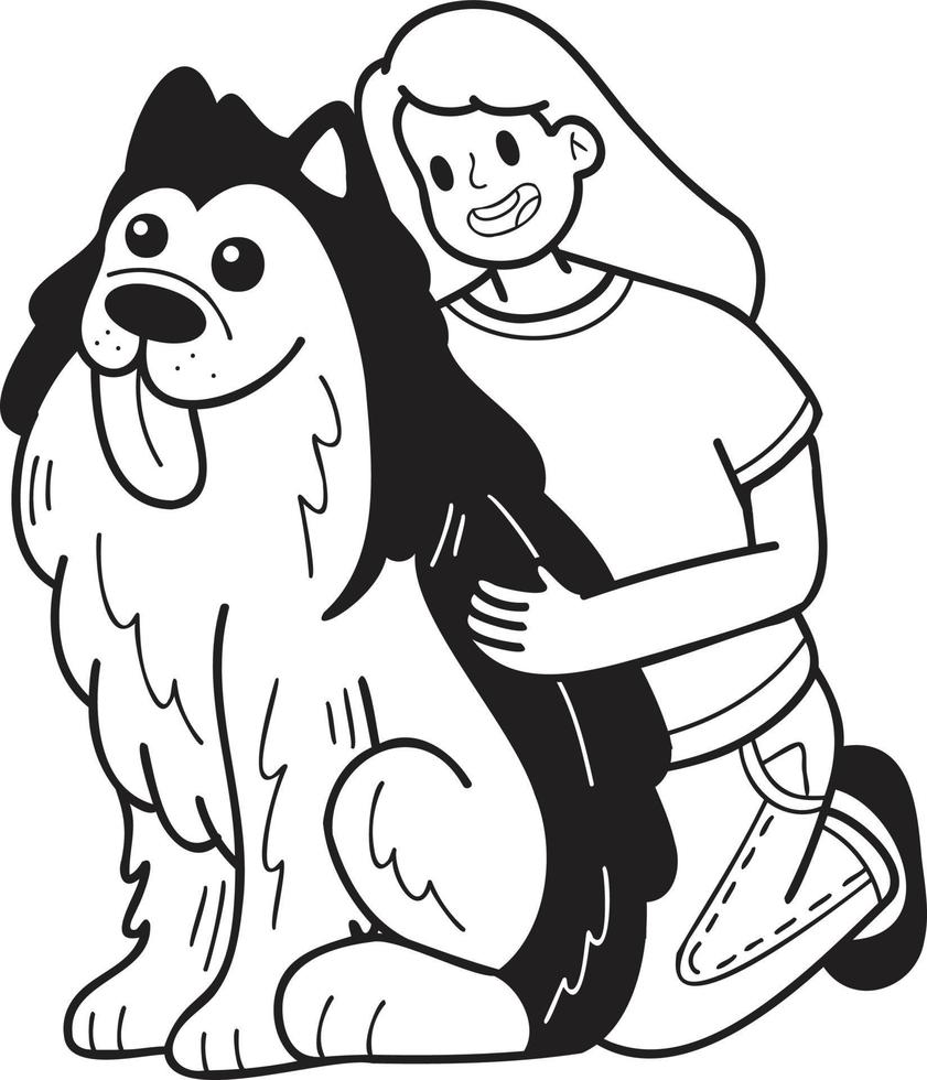 handgezeichneter husky-hund, der von der besitzerillustration im gekritzelstil umarmt wird vektor