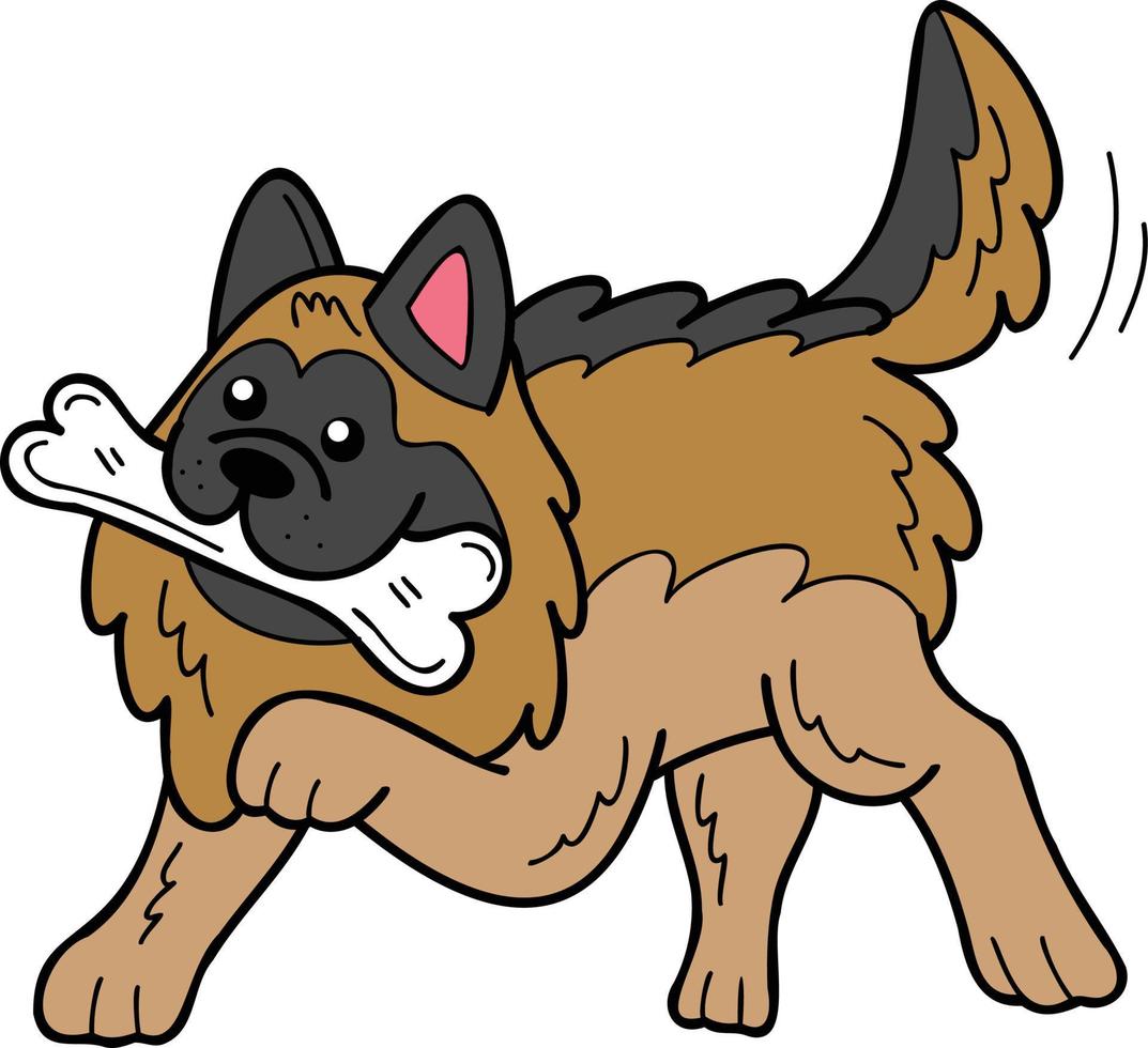 handgezeichneter deutscher schäferhund, der die knochenillustration im gekritzelstil hält vektor
