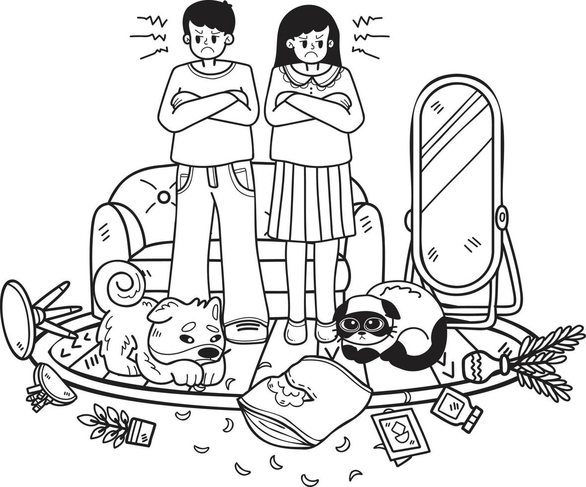 hand dragen ägare arg med stygg hundar och katter illustration i klotter stil vektor