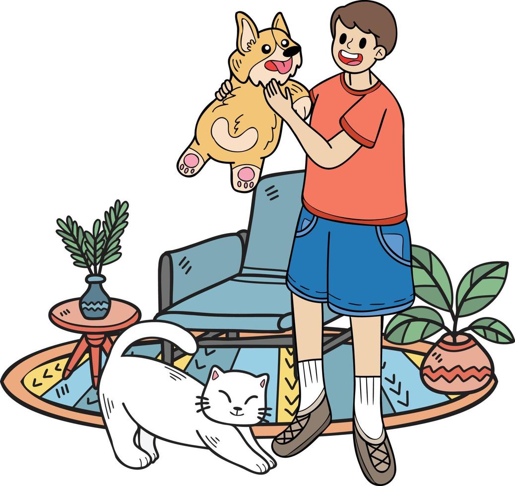 handgezeichnet umarmt der besitzer den hund und die katze in der wohnzimmerillustration im gekritzelstil vektor