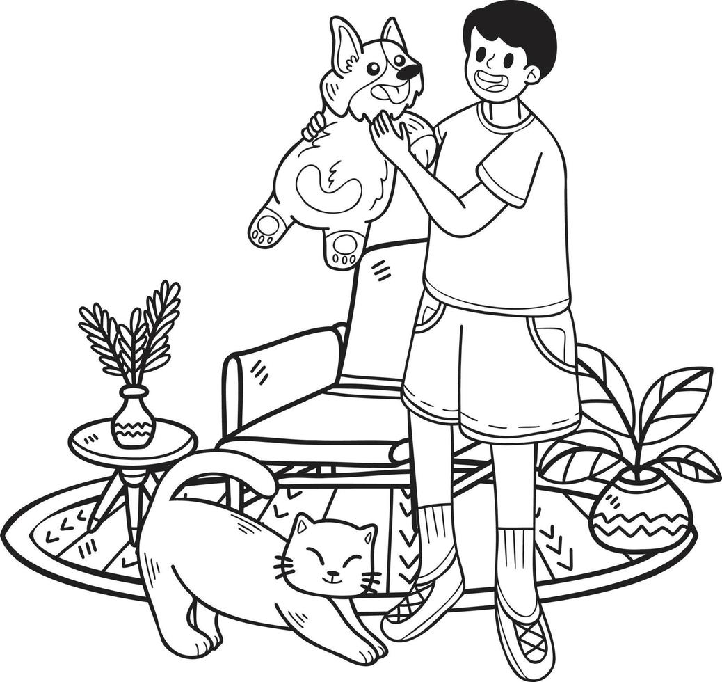 handgezeichnet umarmt der besitzer den hund und die katze in der wohnzimmerillustration im gekritzelstil vektor