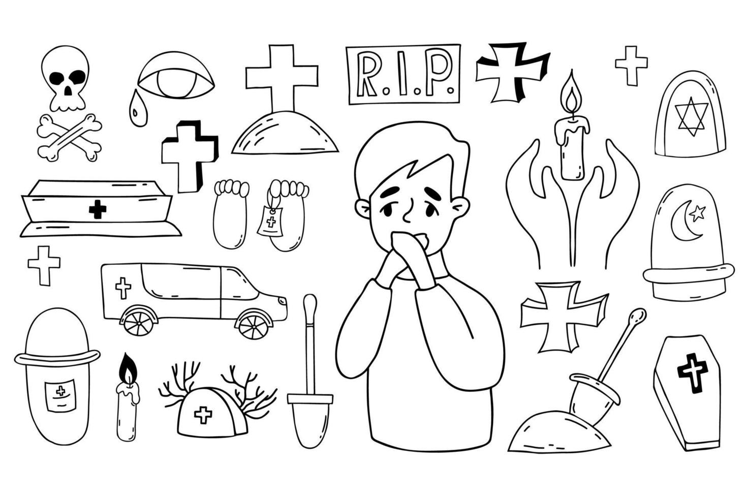 samling av död doodles. förtvivlad pojke. begravning symboler - grav, korsa, kyrkogård, Kista och likvagn, skalle och korsade ben, damm och ljus. isolerat vektor översikt ritningar.
