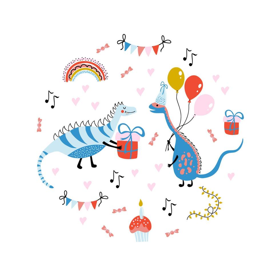 süßer Vektordruck mit Dinosauriern, Geschenken, Luftballons, Cupcake, Regenbogen auf weißem Hintergrund. bunte illustration im einfachen handgezeichneten stil für kindergeburtstagsfeier. Scrapbook-Elemente. vektor