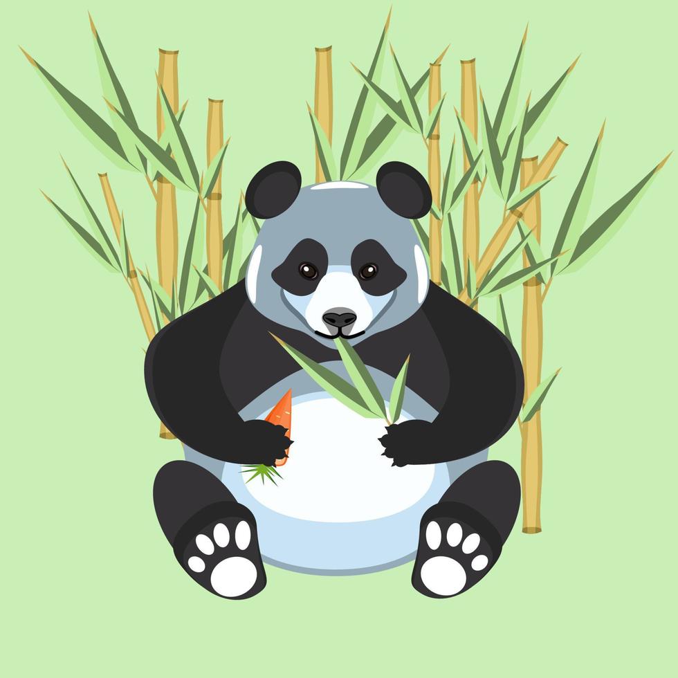 Panda im Bambusstrauch, der Karotten und Blätter in flacher Technik isst vektor