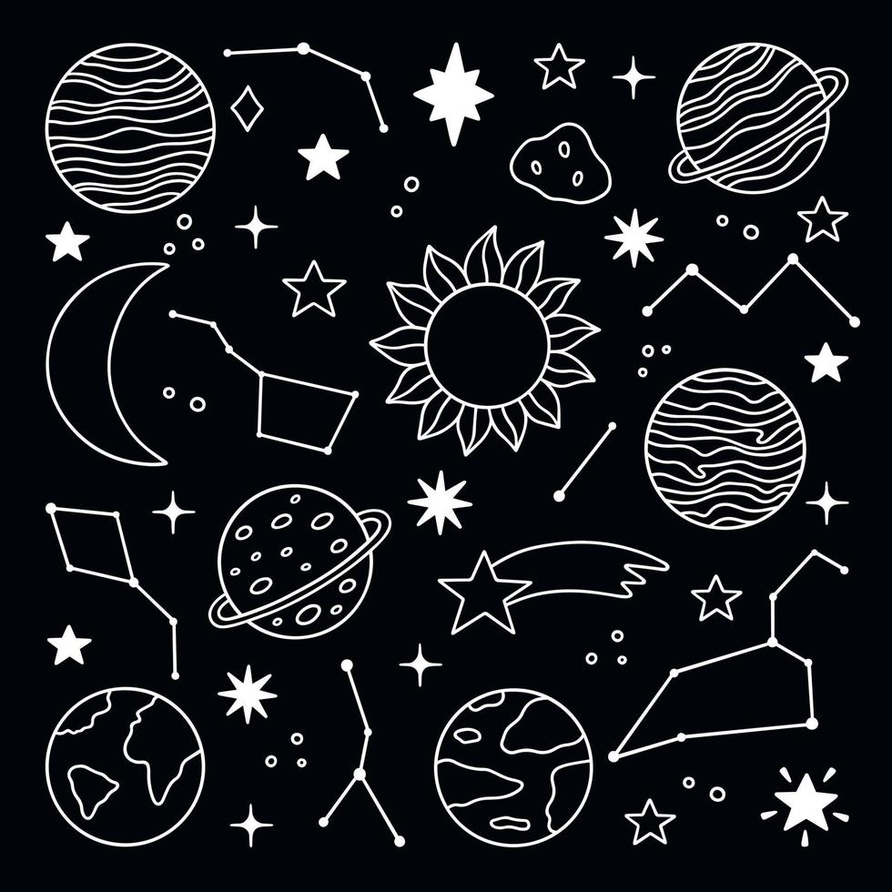 Weltraum-Doodle-Set. planeten, sterne, sternbilder, mond im skizzenstil. Sonnensystem. hand gezeichnete vektorillustration lokalisiert auf schwarzem hintergrund vektor