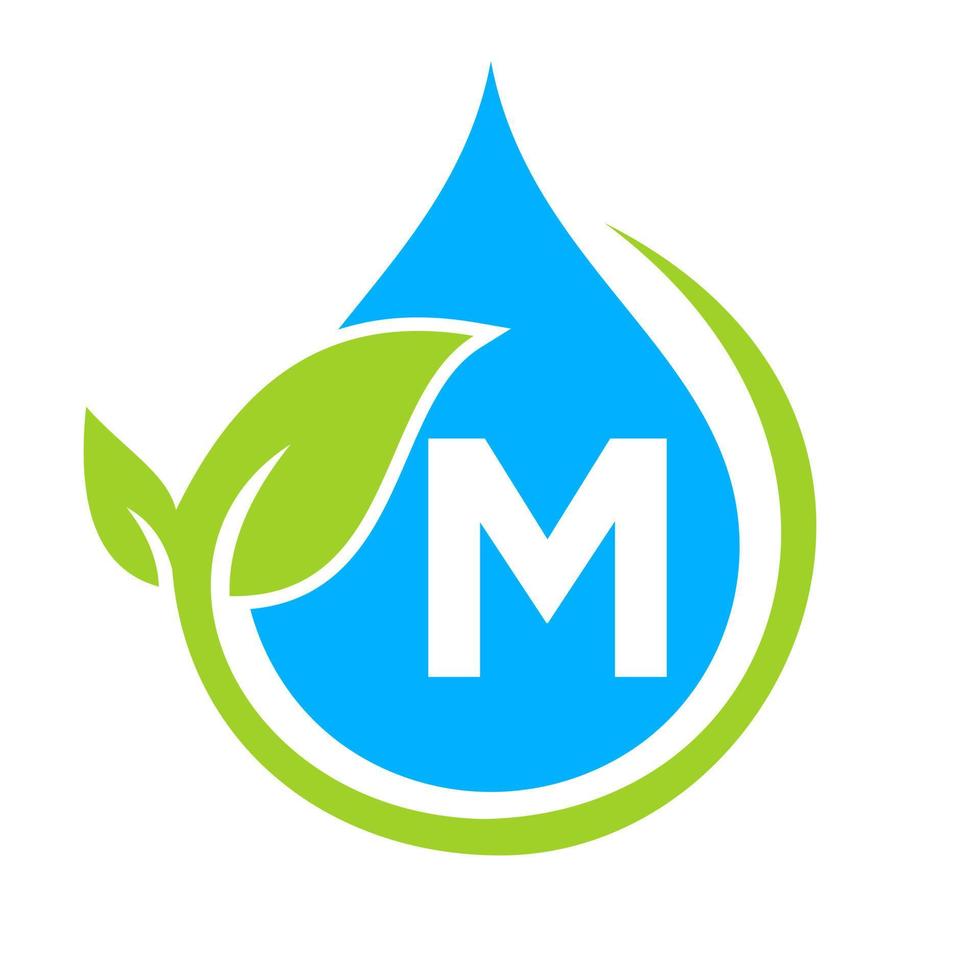 eco blad och vatten släppa logotyp på brev m mall vektor