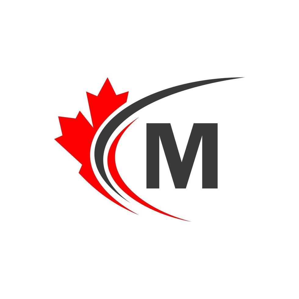 lönn blad på brev m logotyp design mall. kanadensisk företag logotyp, företag och tecken på röd lönn blad vektor