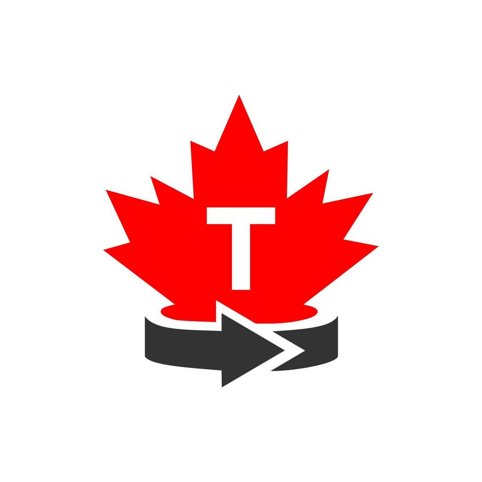 brev t kanadensisk lönn logotyp design mall. röd lönn kanadensisk logotyp vektor