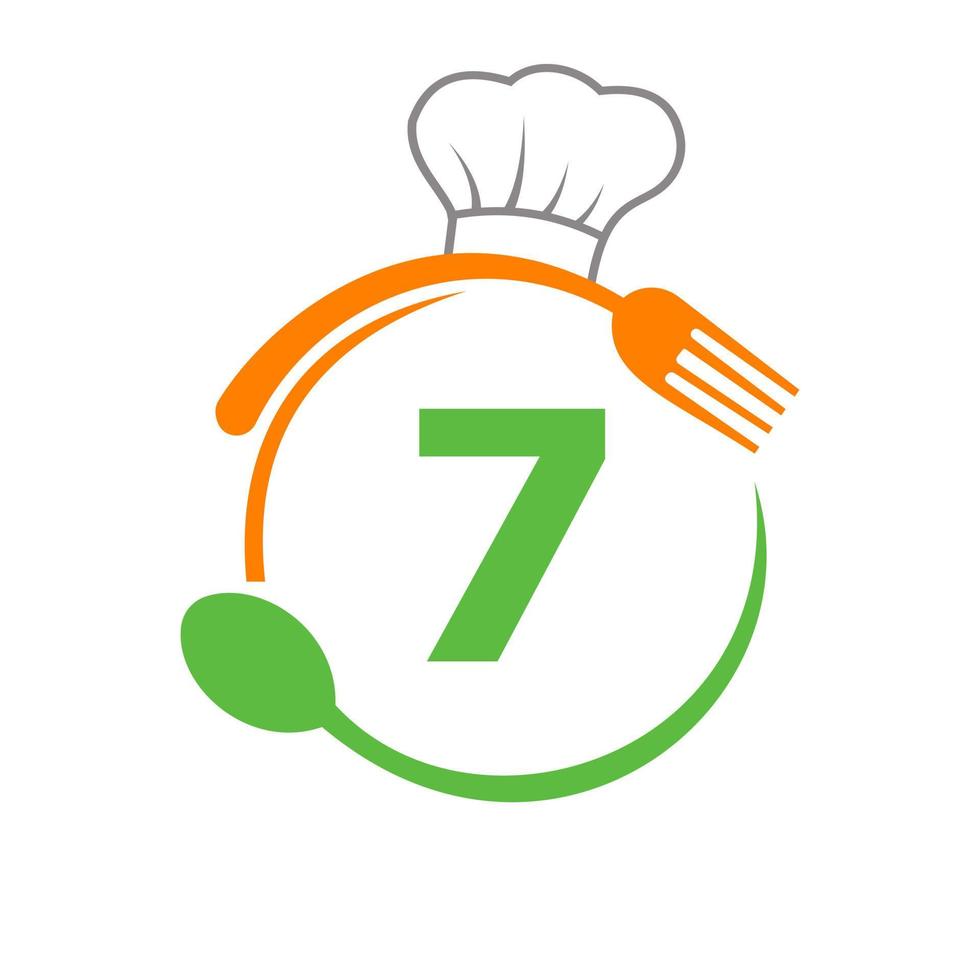 buchstabe 7 logo mit kochmütze, löffel und gabel für restaurantlogo. Restaurant-Logo vektor