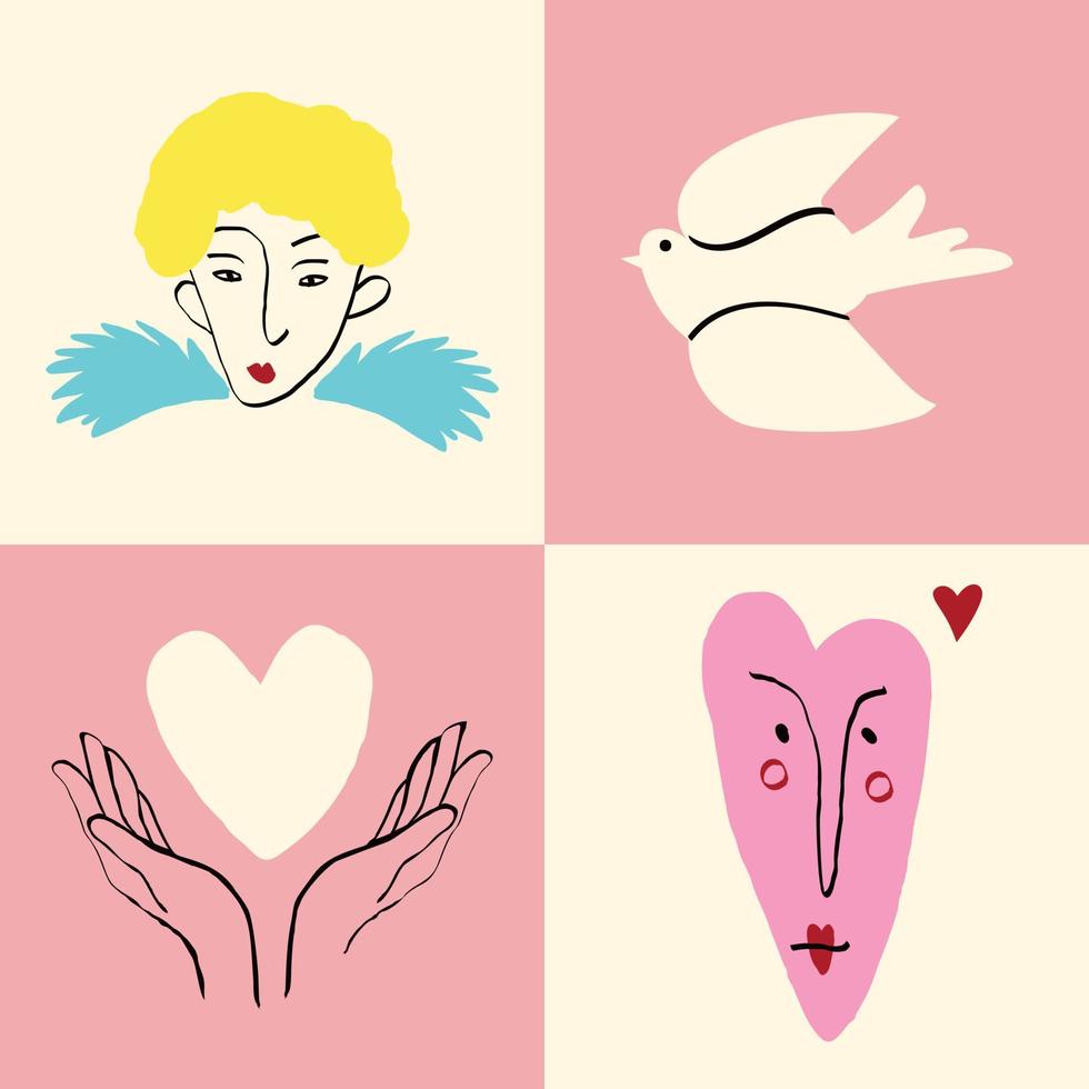 valentines dag kort med ängel, duva, hjärtan. vektor illustration i klotter stil