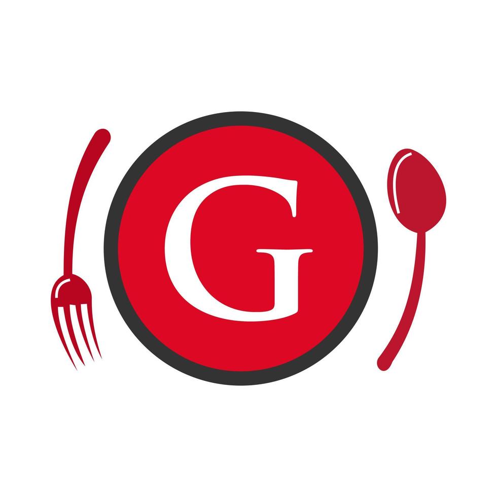restaurang logotyp på brev g sked och gaffel begrepp vektor