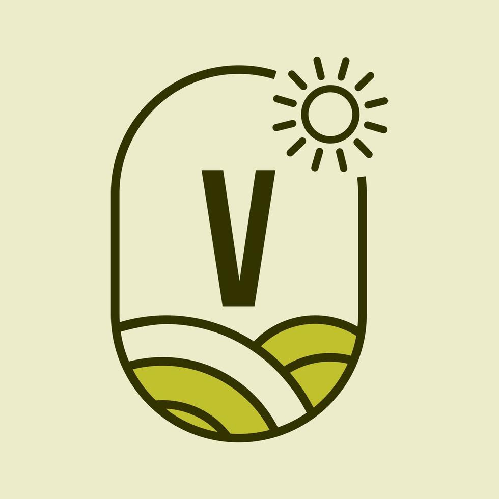 brev v lantbruk logotyp emblem mall. agro odla, jordbruksföretag, ekogård tecken med Sol och jordbruks fält symbol vektor