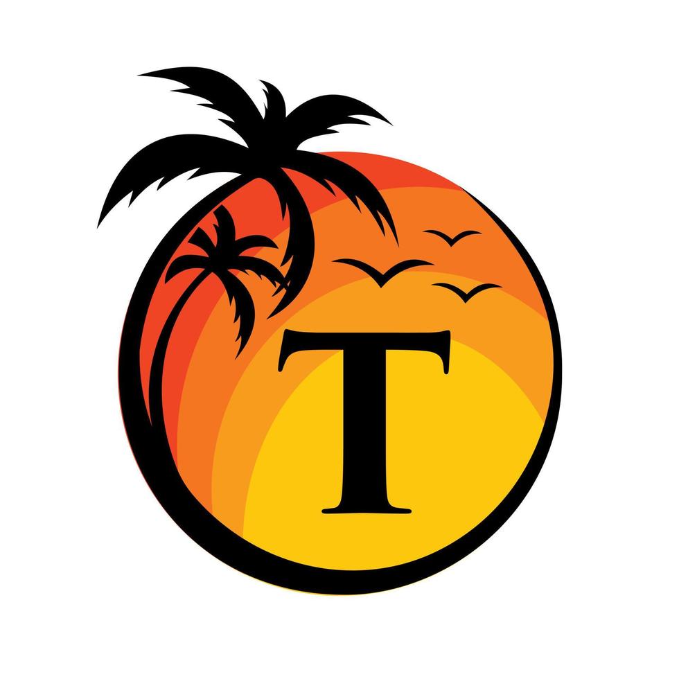 strand logotyp på brev t vektor tecken. sommar semester på tropisk strand logotyp