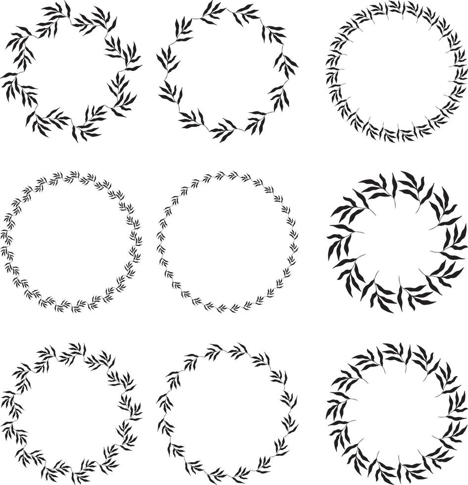 Illustration der Sammlung verschiedener kreisförmiger schwarzer Rahmen aus Pflanzen auf weißem, isoliertem Hintergrund vektor