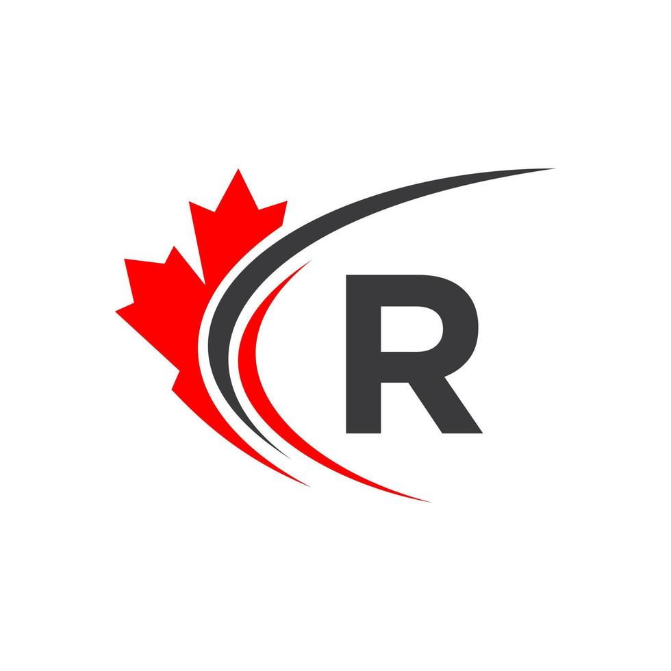 lönn blad på brev r logotyp design mall. kanadensisk företag logotyp, företag och tecken på röd lönn blad vektor