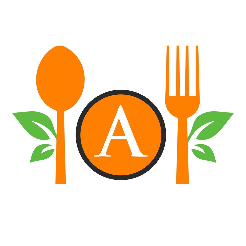 Restaurant-Logo auf Brief eine Vorlage. Löffel und Gabel, Blattsymbol für Küchenzeichen, Caféikone, Restaurant, kochender Geschäftsvektor vektor