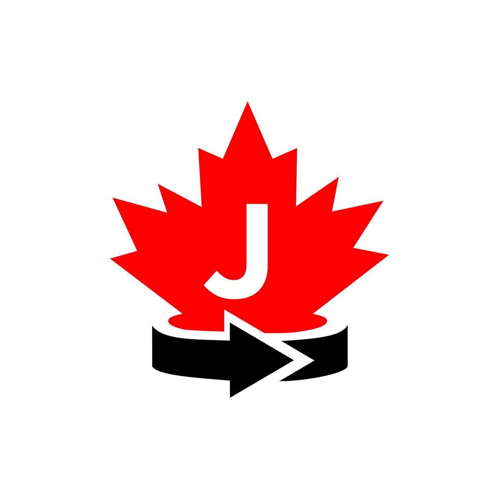 brev j kanadensisk lönn logotyp design mall. röd lönn kanadensisk logotyp vektor