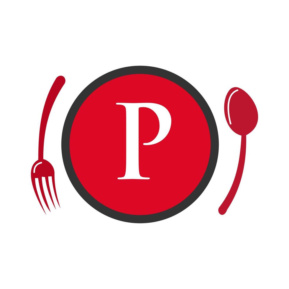 restaurang logotyp på brev p sked och gaffel begrepp vektor