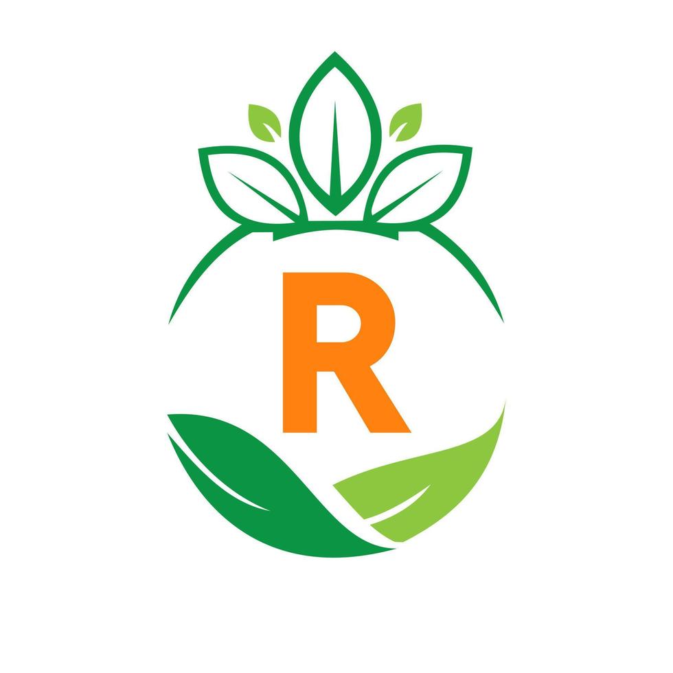 ekologi hälsa på brev r eco organisk logotyp färsk, lantbruk bruka grönsaker. friska organisk eco vegetarian mat mall vektor