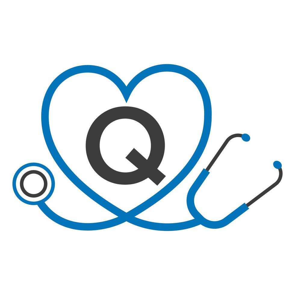 medicinsk logotyp på brev q mall. doktorer logotyp med stetoskop tecken vektor