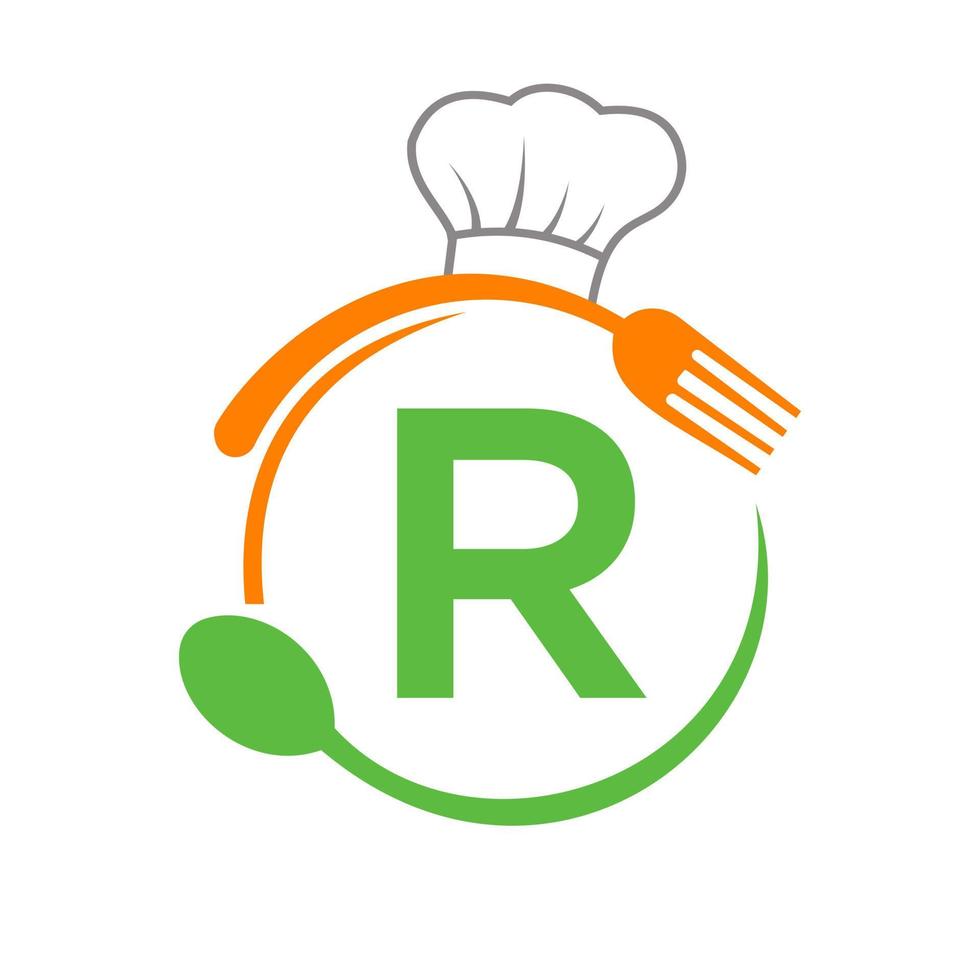 brev r logotyp med kock hatt, sked och gaffel för restaurang logotyp. restaurang logotyp vektor