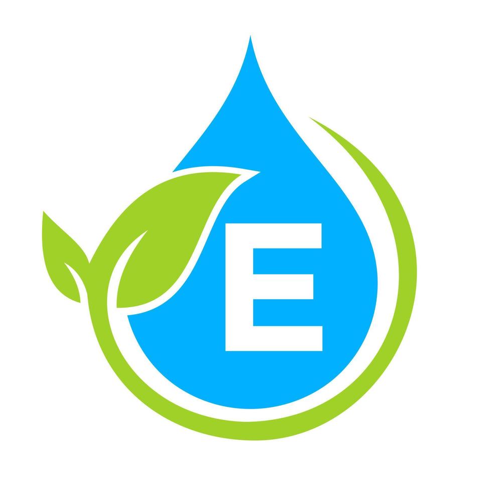 Öko-Blatt und Wassertropfen-Logo auf der Vorlage des Buchstabens e vektor