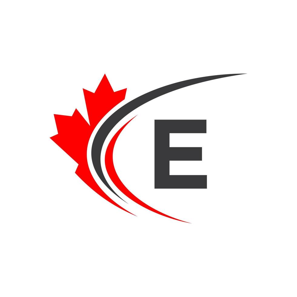 lönn blad på brev e logotyp design mall. kanadensisk företag logotyp, företag och tecken på röd lönn blad vektor