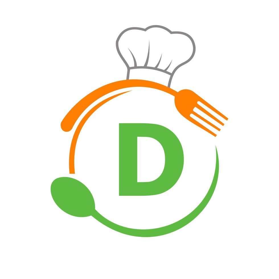 buchstabe d-logo mit kochmütze, löffel und gabel für restaurantlogo. Restaurant-Logo vektor