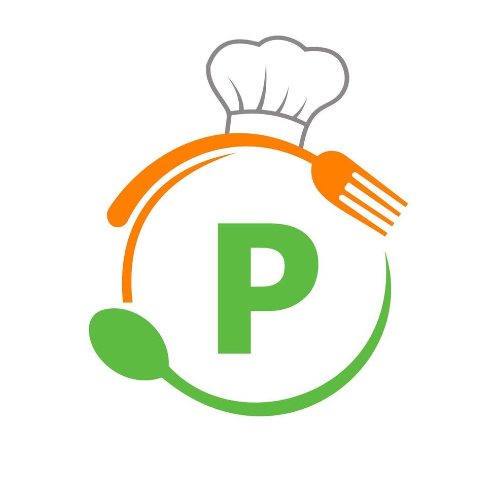 brev p logotyp med kock hatt, sked och gaffel för restaurang logotyp. restaurang logotyp vektor