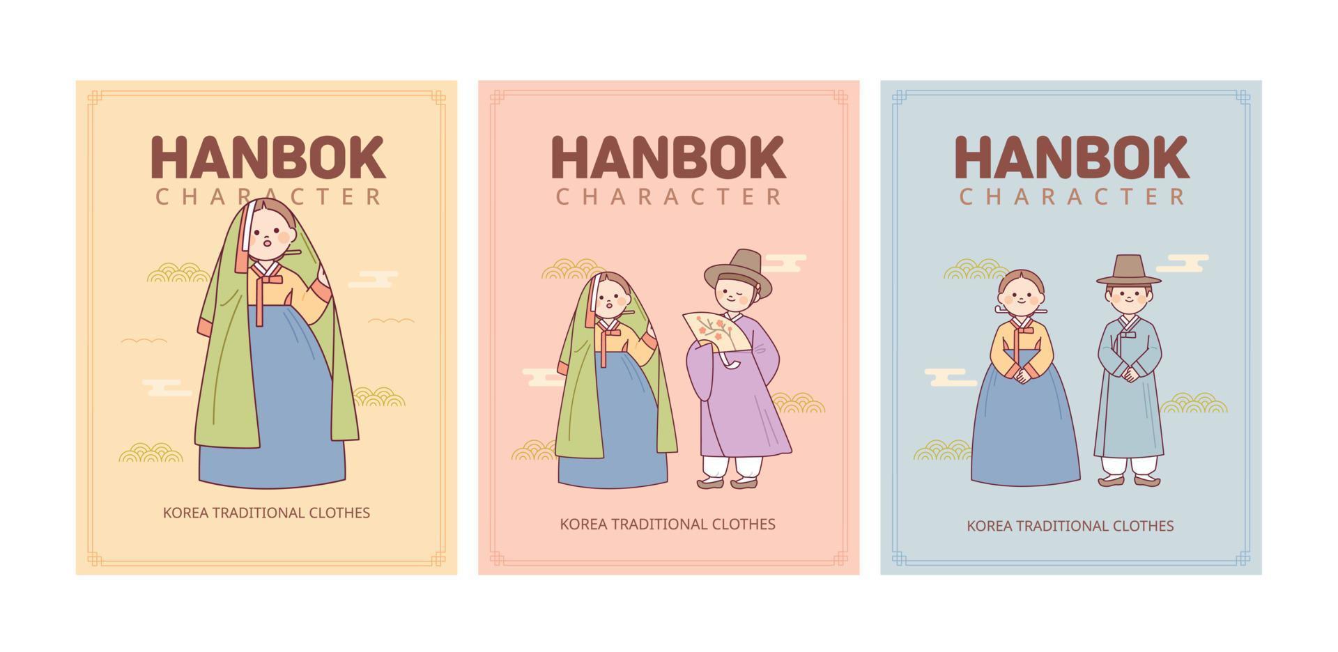 paar charakter poster karte tragen koreanische traditionelle tracht hanbok. vektor