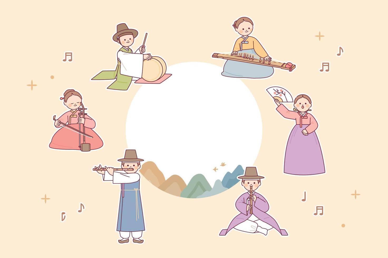 koreanische traditionelle musikaufführung. Musiker spielen traditionelle Instrumente. vektor