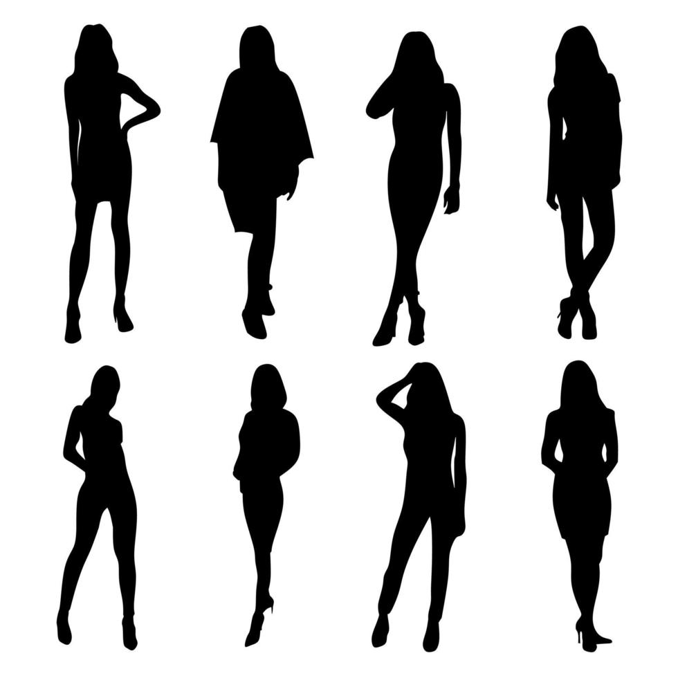 uppsättning av kvinna silhuetter med modell poser vektor