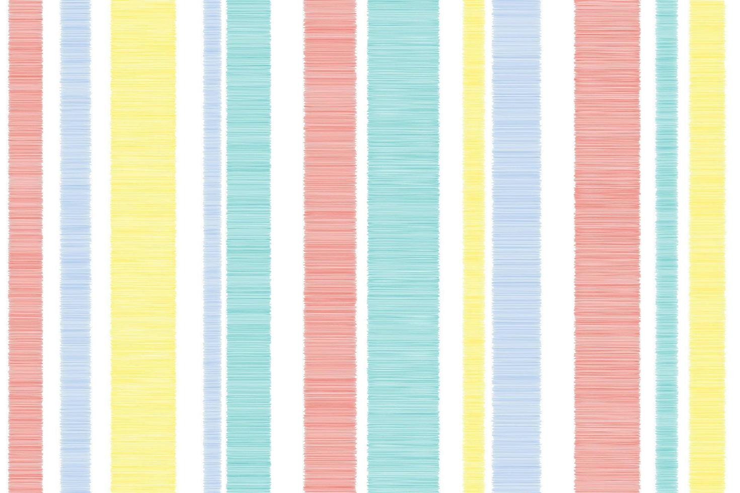 nahtloser ikat-vektor weiß bunter hintergrund stoffmuster streifen unwucht streifenmuster hübsch vertikal blau rosa gelb pastellfarbe streifen unterschiedlicher größe gitterstoff bunte illustration. vektor