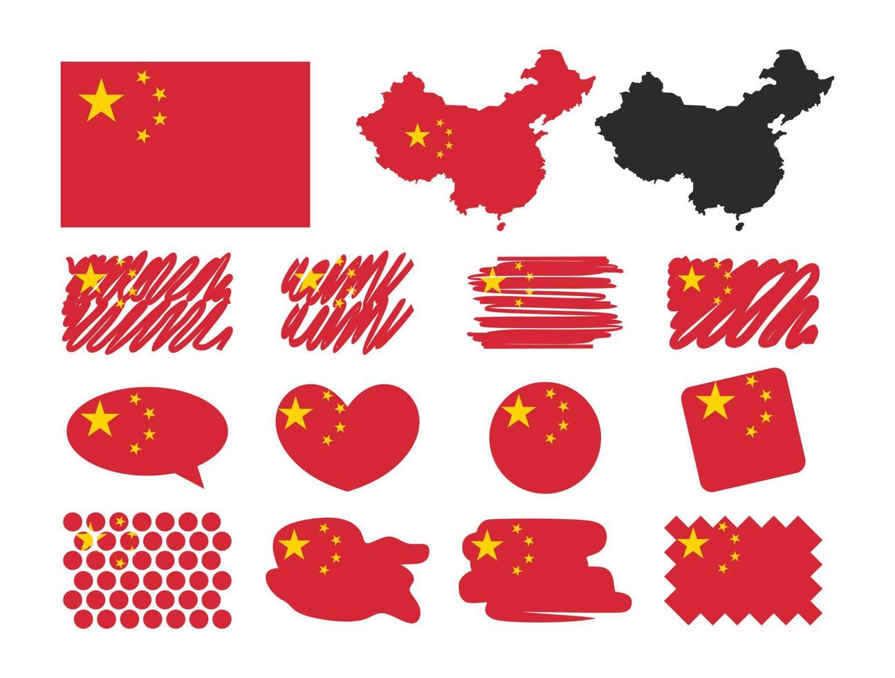 Vektor der Umrisssilhouette des Landes China mit Flaggensatz isoliert auf weißem Hintergrund. Sammlung von chinesischen Flaggensymbolen mit Quadrat, Kreis, Herz, Sprechsymbol, Punkten und Kartenformen. handgezeichneter Stil.